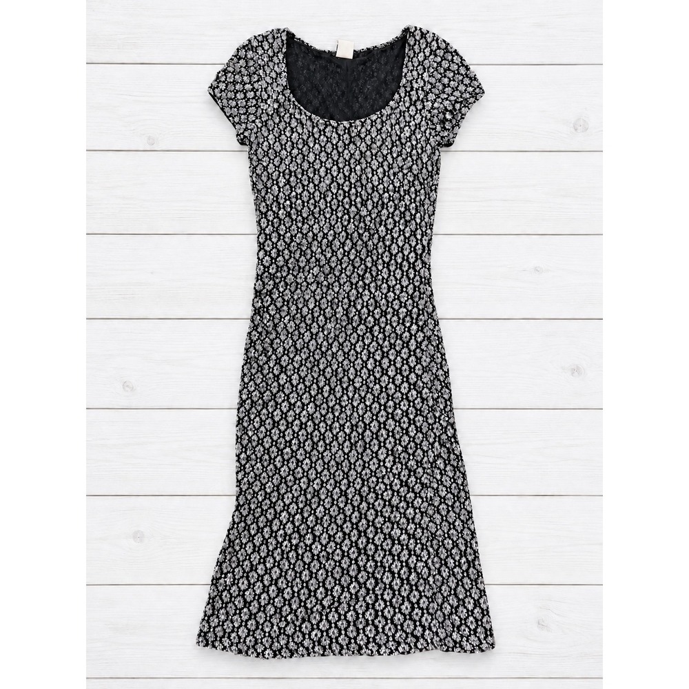 Tabloid Short Sleeve Midi Dress Textured Metallic Floral Grunge Y2K Goth Medium